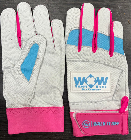 Batting Gloves-White/Pink with Lt Blue Knuckles